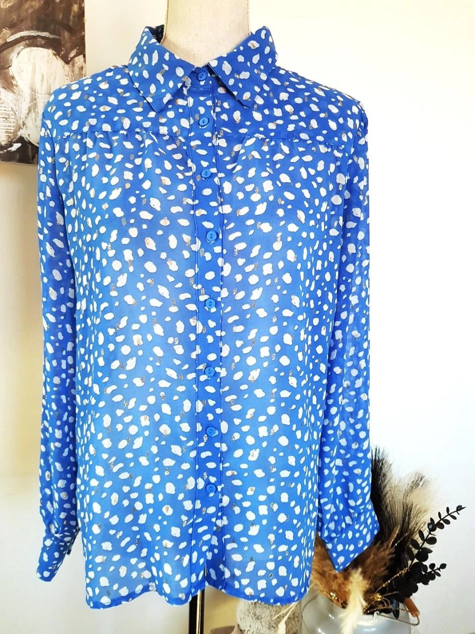🩵Chemise voile bleue à motifs blancs et dorés Goa T44 / T3
